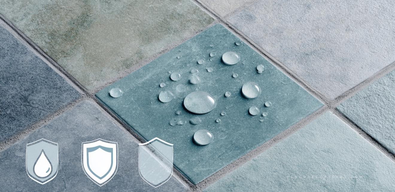 Diagram of water-resistant bathroom tiles in blue-gray tones with water droplet icon