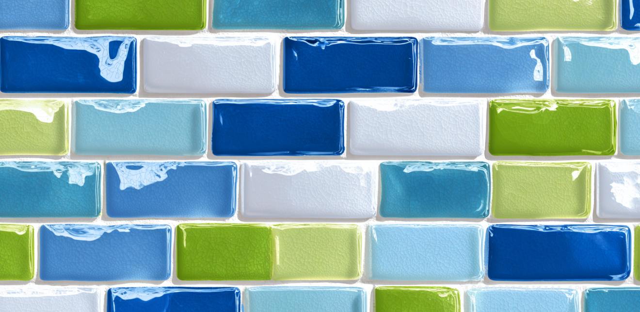 Diagram of glossy glass tiles in blue, green, and white arranged in mosaic pattern