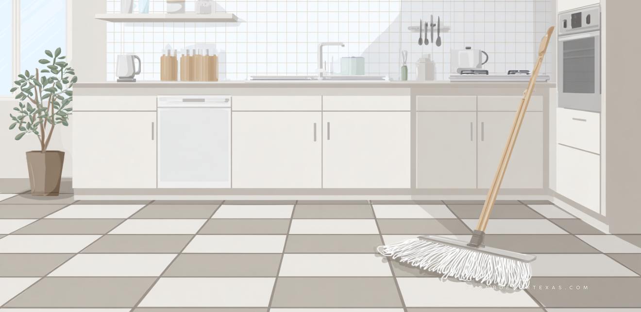 Diagram of ceramic or porcelain kitchen tiles in light gray grid pattern with cleaning symbol