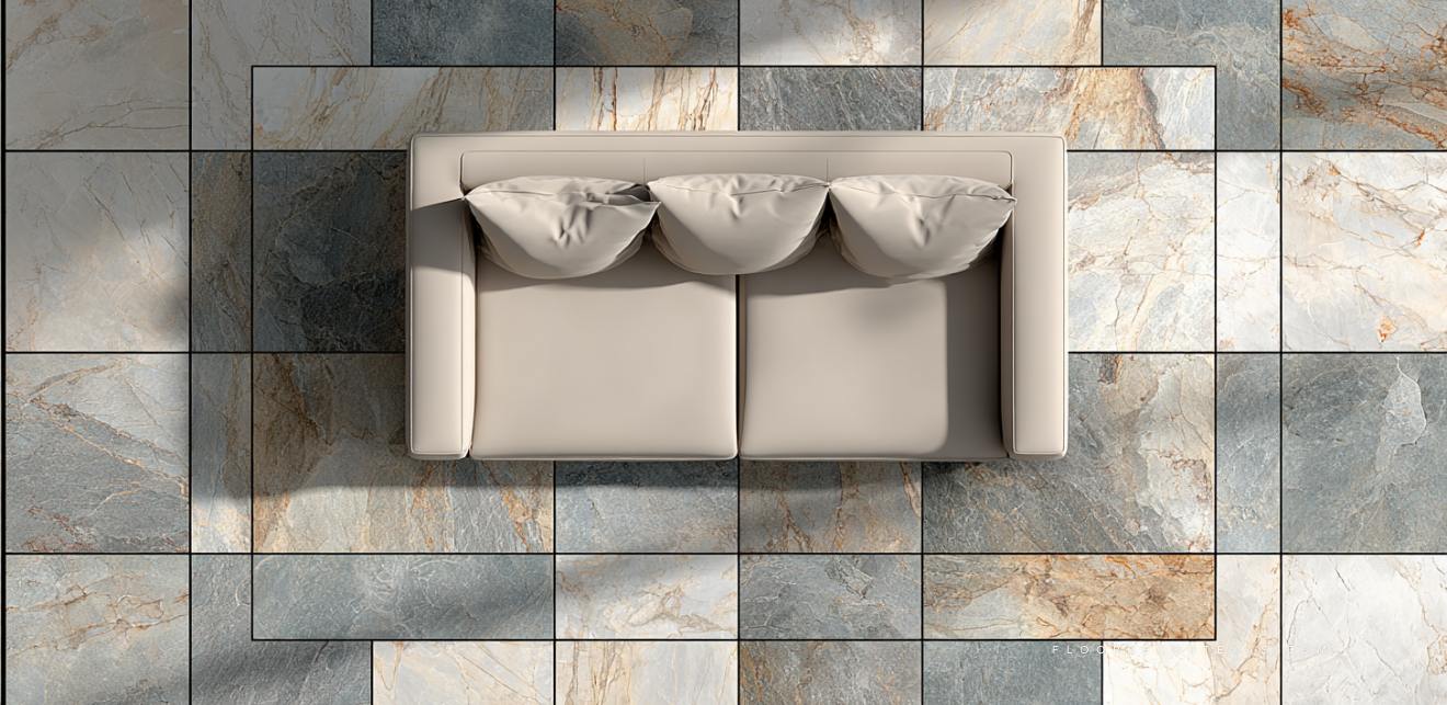 Diagram of living room with stone or porcelain tile flooring in rectangular layout with sofa outline