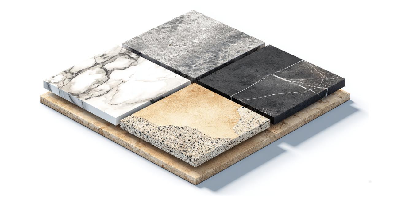 Diagram of natural stone tiles including marble, slate, and travertine in a square layout