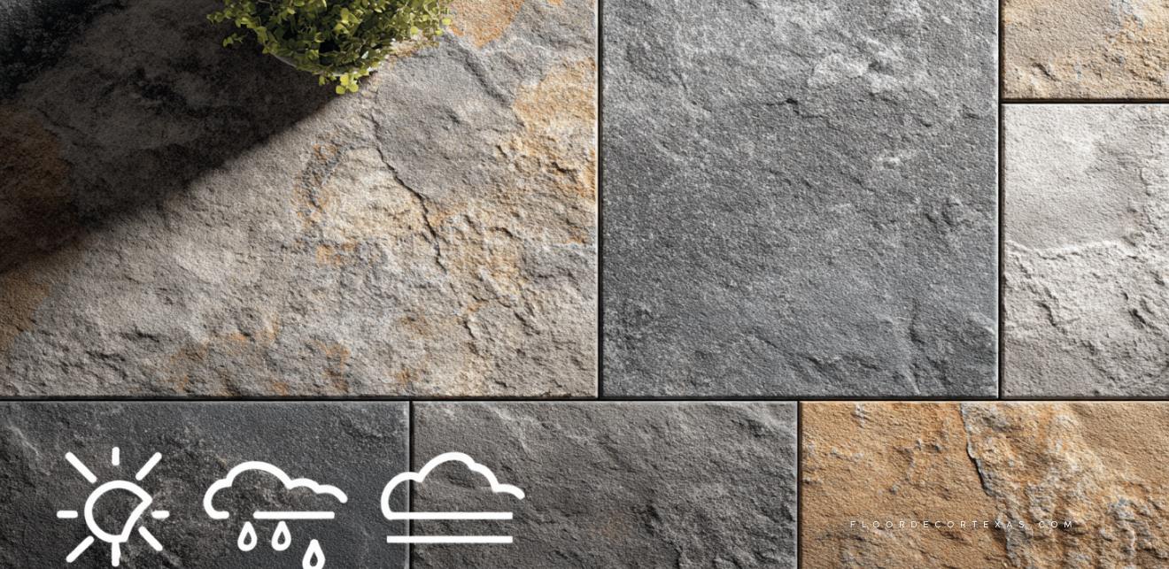 Diagram of outdoor patio with natural stone or porcelain tiles and weather-resistant icons